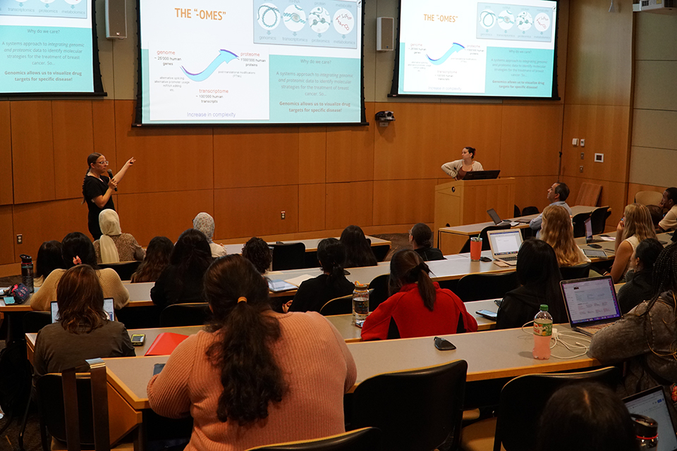 Third-year student pharmacists teach a class of P1 students.